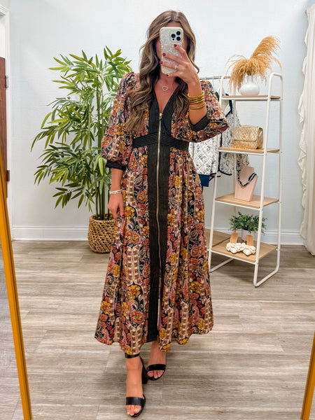 Paisley Print Puff Sleeve Midi Dress