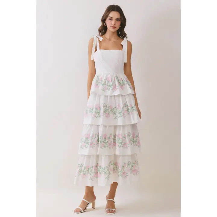 Floral Tiered Ribbon Strap Maxi Dress
