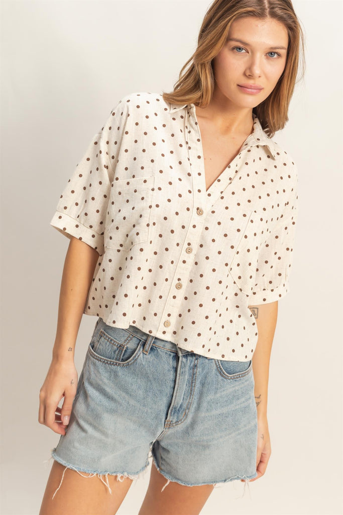 Polka Dot Collared Button Up Top