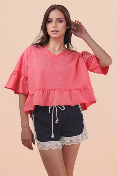 Mineral Washed Ruffle Detail Top