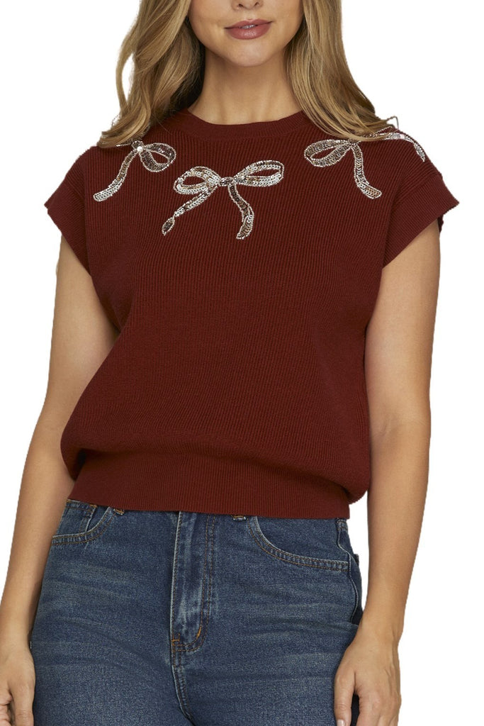 Sequin Bow Knit Sweater Top