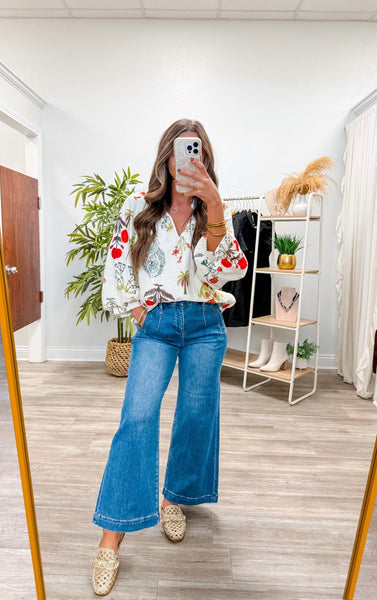 Tropical Print Split V-Neck Top