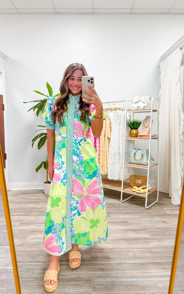 Floral Print Puff Sleeve Midi Dress