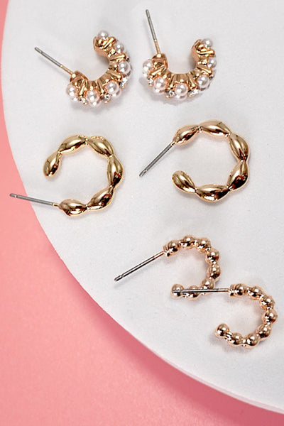 Pearl Link Huggie Hoop Earrings Trio Set