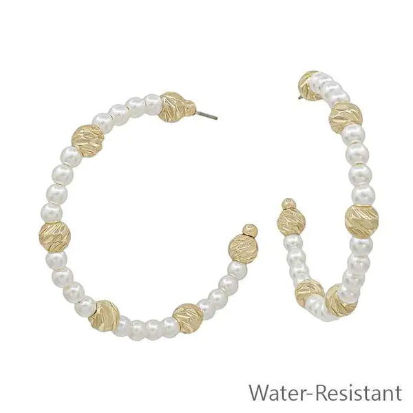 Water Resistant Gold Beaded w/ Pearl 2" Hoop Earring