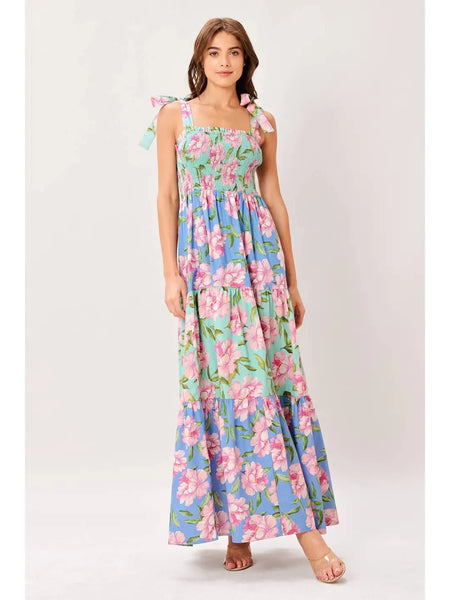 Printed Woven Shoulder Tie Maxi Dress