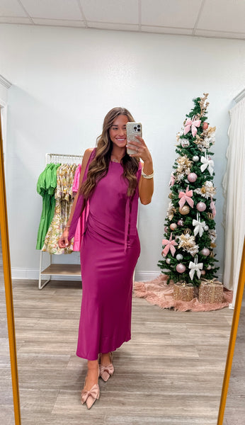 Solid Satin Cowl Back Sleeveless Bow Midi Dress