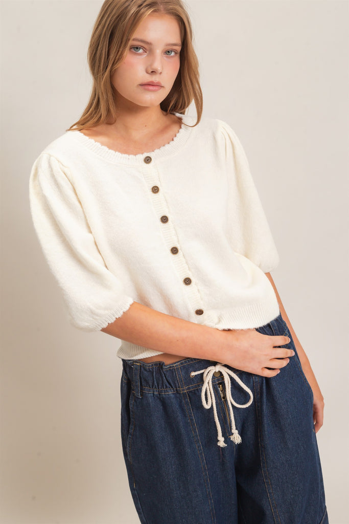 Button-Up Puff Sleeve Sweater Cardigan