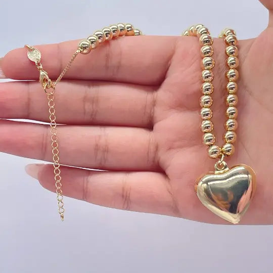 18k Gold Filled 6mm Bead Necklace with A Puffy Heart