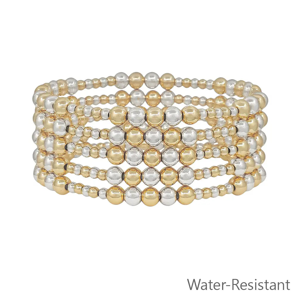 Set of 5 5mm & 3mm Beaded Silver & Gold Stretch Bracelet
