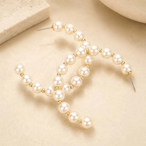 Pearl Metal Ball 2 Inch Hoop Earrings