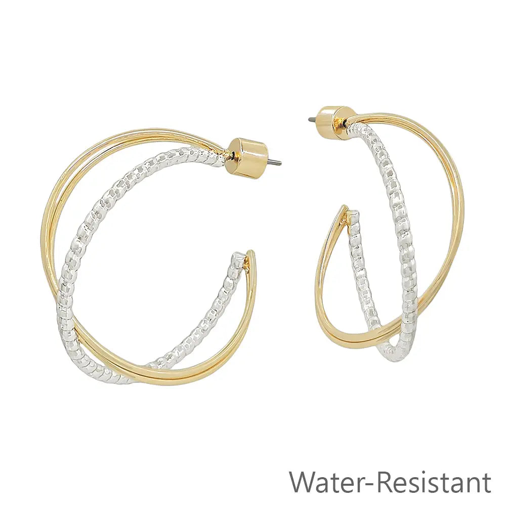 Gold and Silver Textured Twisted X 1.25" Hoop Earring