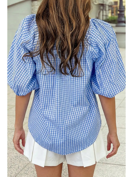 Summer Plaid Cornflower Blouse Top