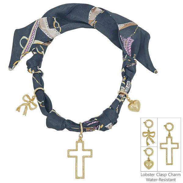 Knotted Scarf Necklace with Puffy Heart,Open Cross, & Bow Charm