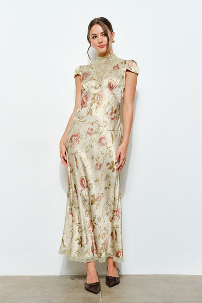 Floral Satin Lace Keyhole Back Maxi Dress