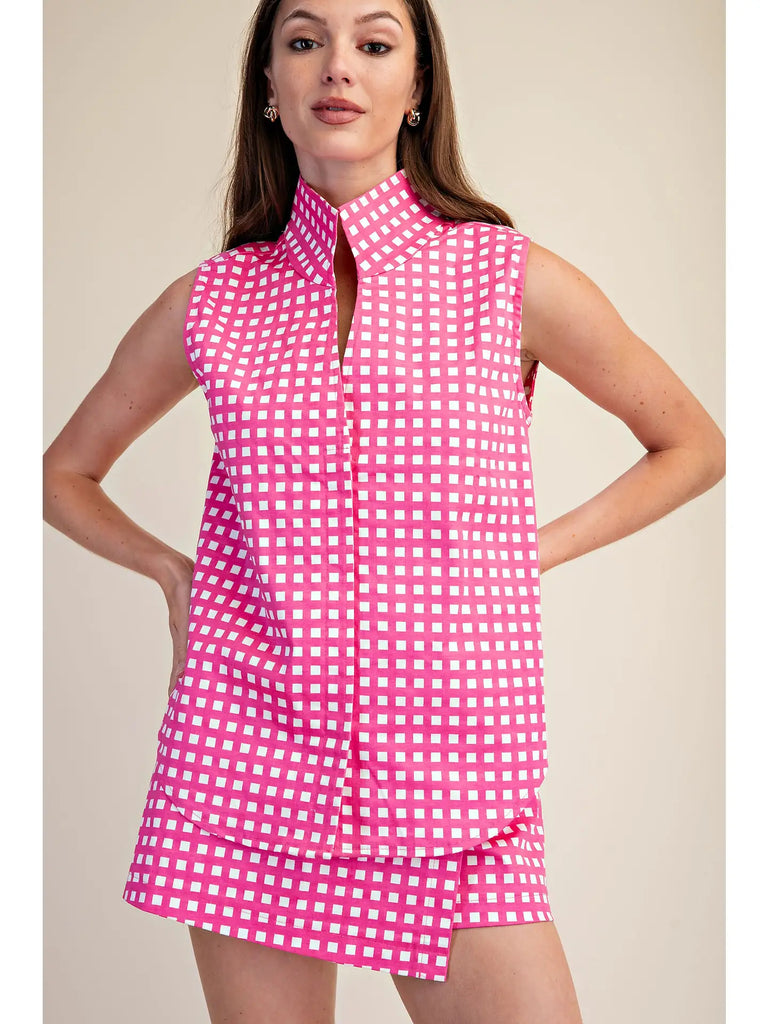 Checkered Button Down Sleeveless Top