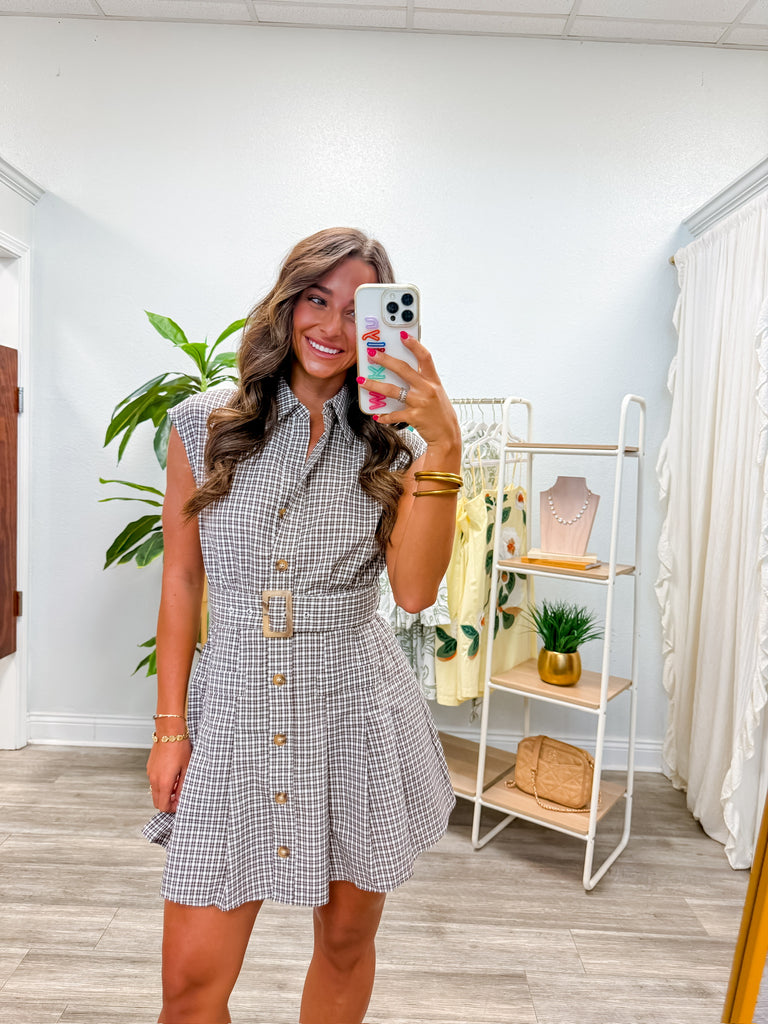 Brown Plaid Belted Mini Dress