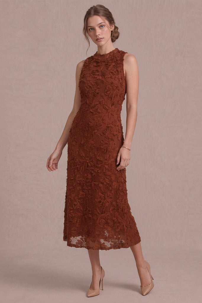Flower Applique Mock Neck Midi Dress