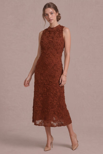 Flower Applique Mock Neck Midi Dress