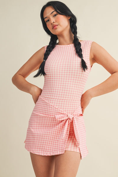 Gingham Sleeveless Wrap Tie Front Dress