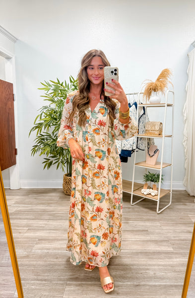 Botanical Print Long Sleeve Midi Dress