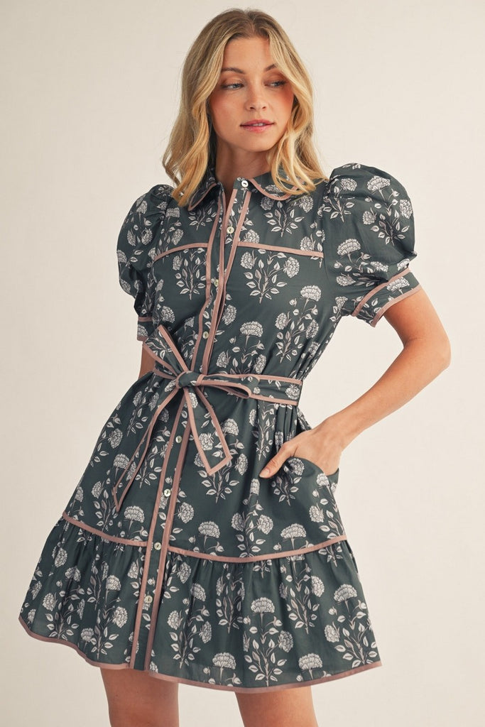 Puff Shoulder Button Down Floral Dress