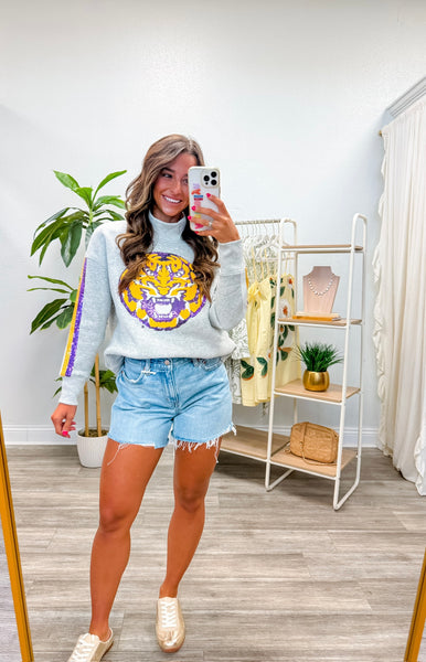 LSU Mock Neck Sequin Stripe Sweatshirt