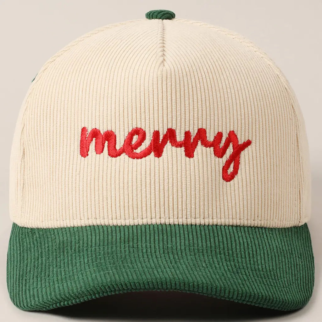 Merry Text Embroidery Two-Tone Corduroy Cap