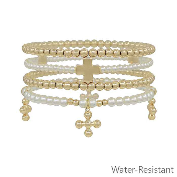 Water Resistant Set of 4 Pearl Beaded w/ Gold Beaded Cross Charm Stretch Bracelets