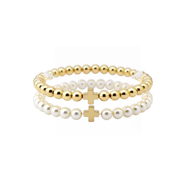 Gold & Pearl Beaded w/ Cross Set of 2 Stretch Bracelets