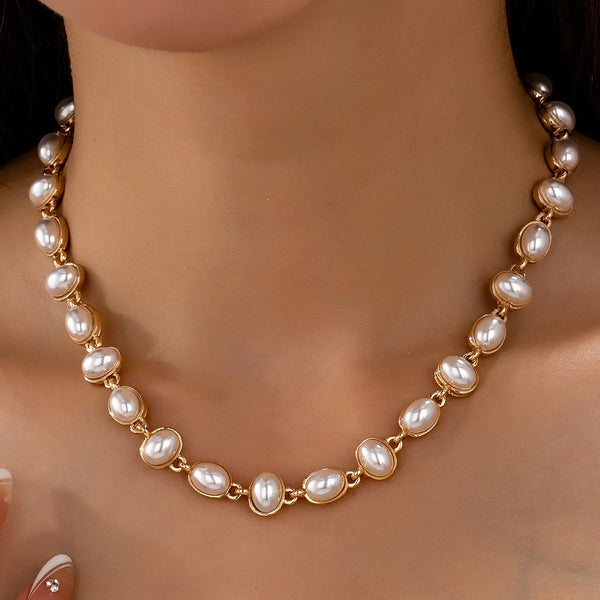 Bezel-Set Oval Faux Pearl Link Station Necklace