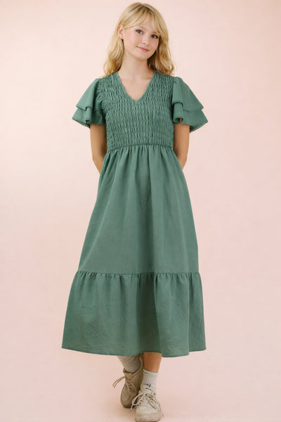 Smocked Ruffle Sleeve Midi Dress