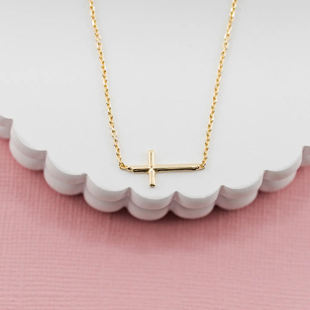 14K Gold-Plated Girls Horizontal Cross Necklace