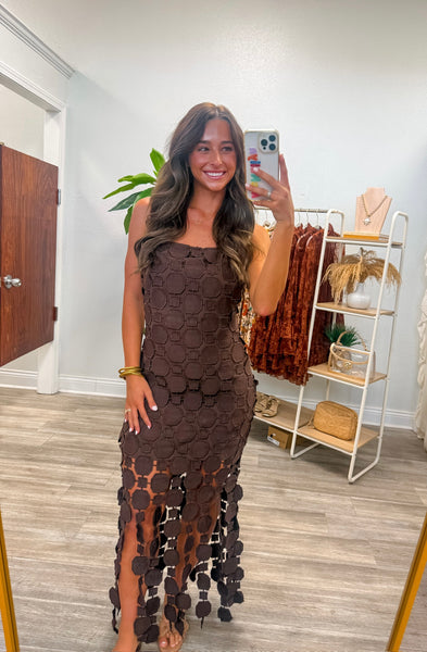 Lace Appliqué Fringe Hem Midi Dress