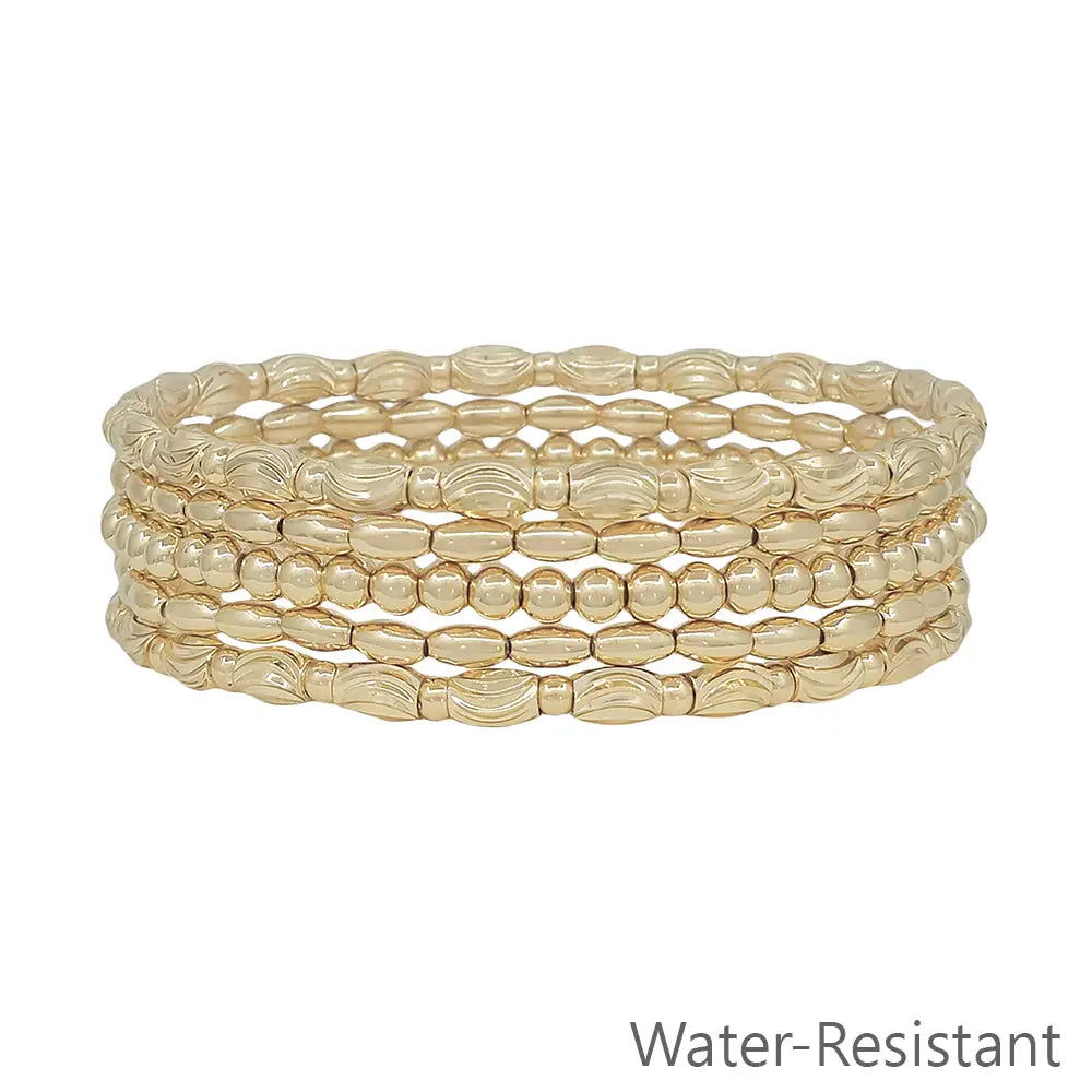 Gold Beaded & Textured Oval Set of 5 Stretch Bracelets