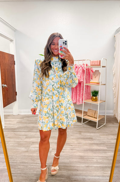 Lace Trim Lemon & Floral Print Dress