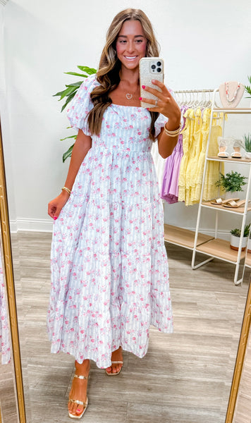 Floral Bubble Sleeve Back Tie Detail Dress