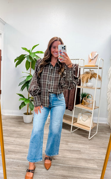 Embroidery Accent Button Down Plaid Top