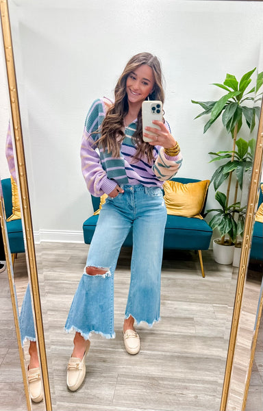 Striped Color Block Half Zip Sweater