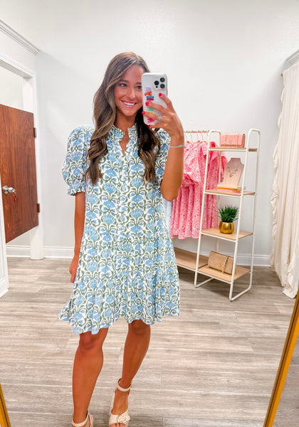 Floral Puff Sleeve Button Front Mini Dress