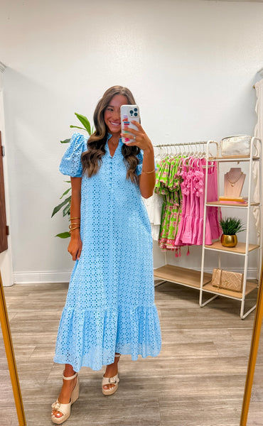 Blue Eyelet Short Puff Sleeve Midi Dress