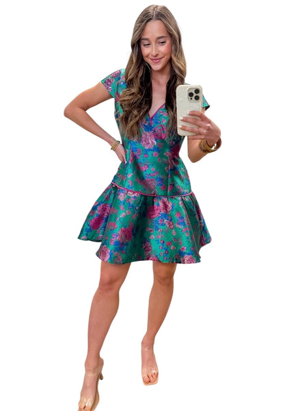 Floral Jacquard V-Neck Mini Dress