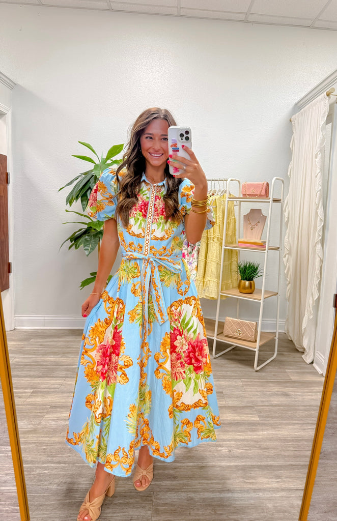 Printed Woven Puff Sleeve Midi Dress