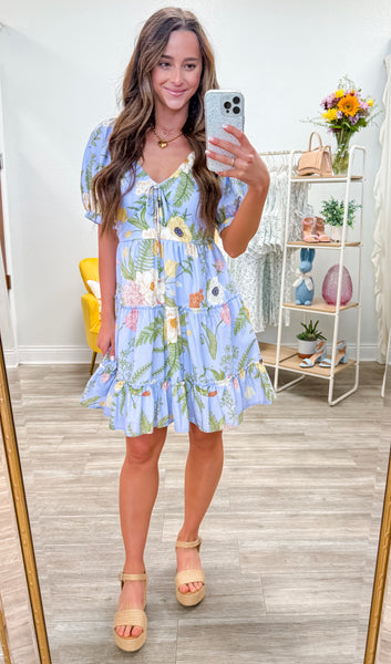Tropical Print Short Puff Sleeve Mini Dress