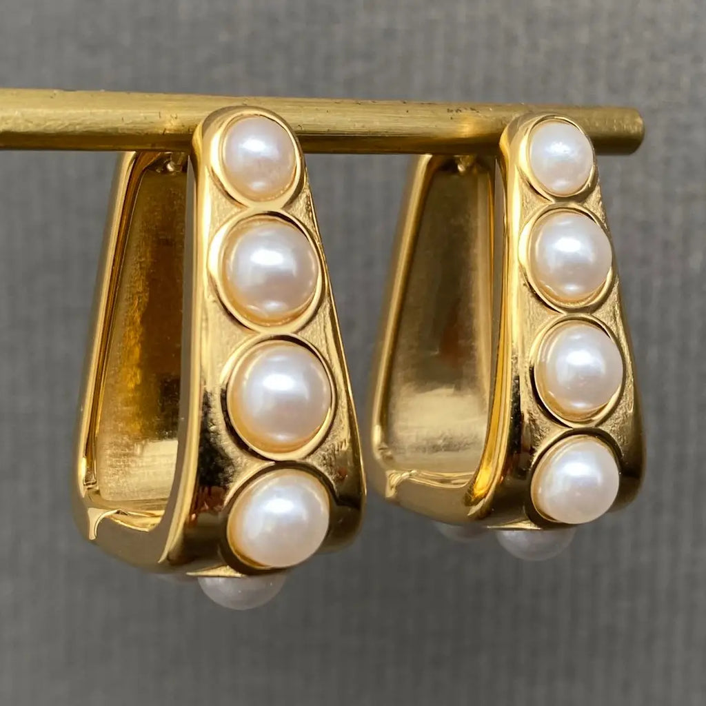 Pearl Inlaid 18K Gold Plated Huggie Earrings