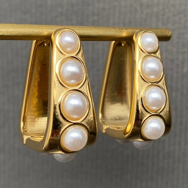 Pearl Inlaid 18K Gold Plated Huggie Earrings