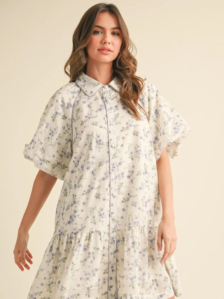 Bubble Sleeve Button Down Mini Dress