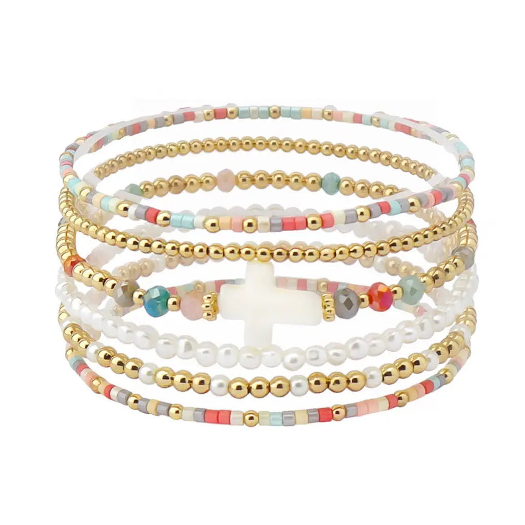 Set of 5 Gold Beaded w/ Multi Seed Bead & White Cross Stretch Bracelets