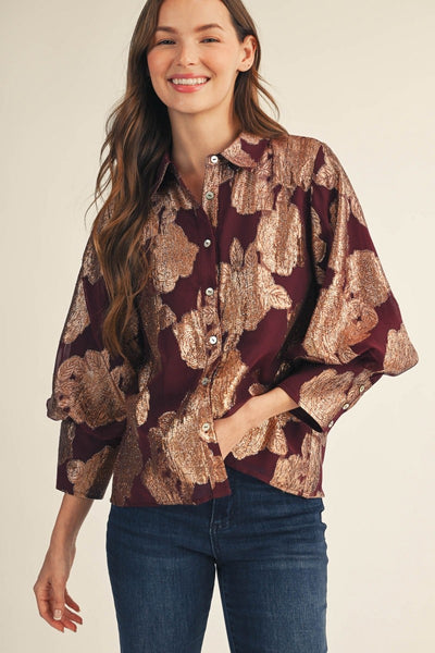 Button Down Sheer Metallic Burnout Top