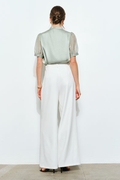 Sheer Puff Sleeve Satin V-neck Blouse